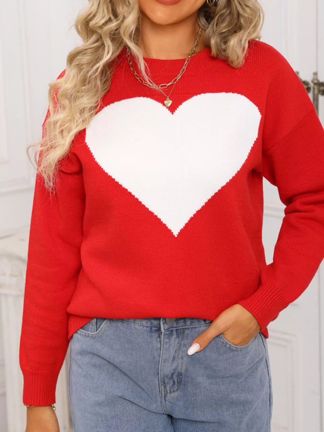 Valentine's Day White Heart Round Neck Dropped Shoulder Red Sweater