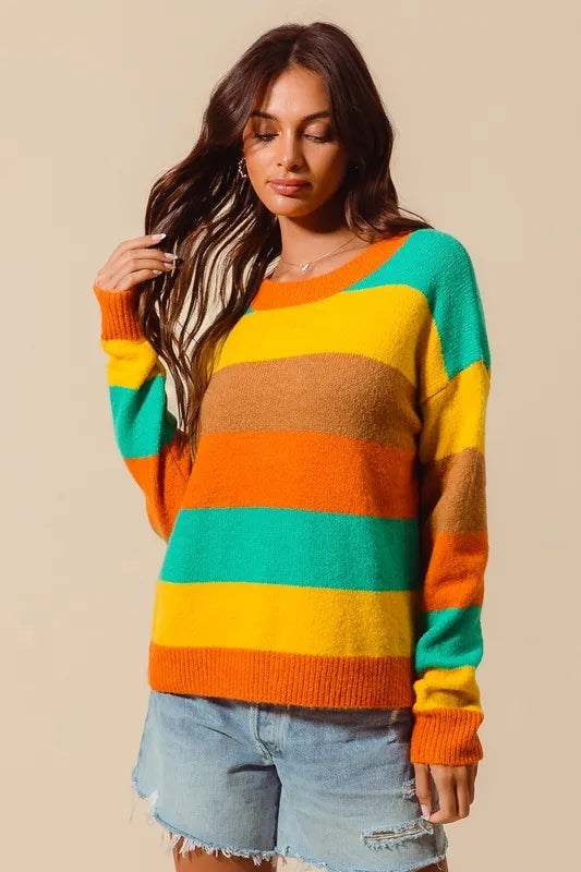 Top Stripe Sweater with Ribbed Detail