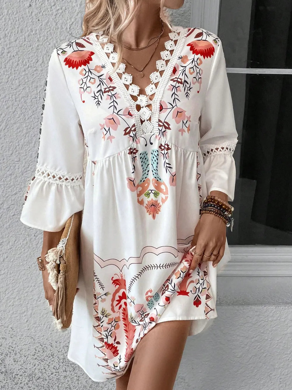 Shop Lace Detail Printed Three-Quarter Sleeve Dress