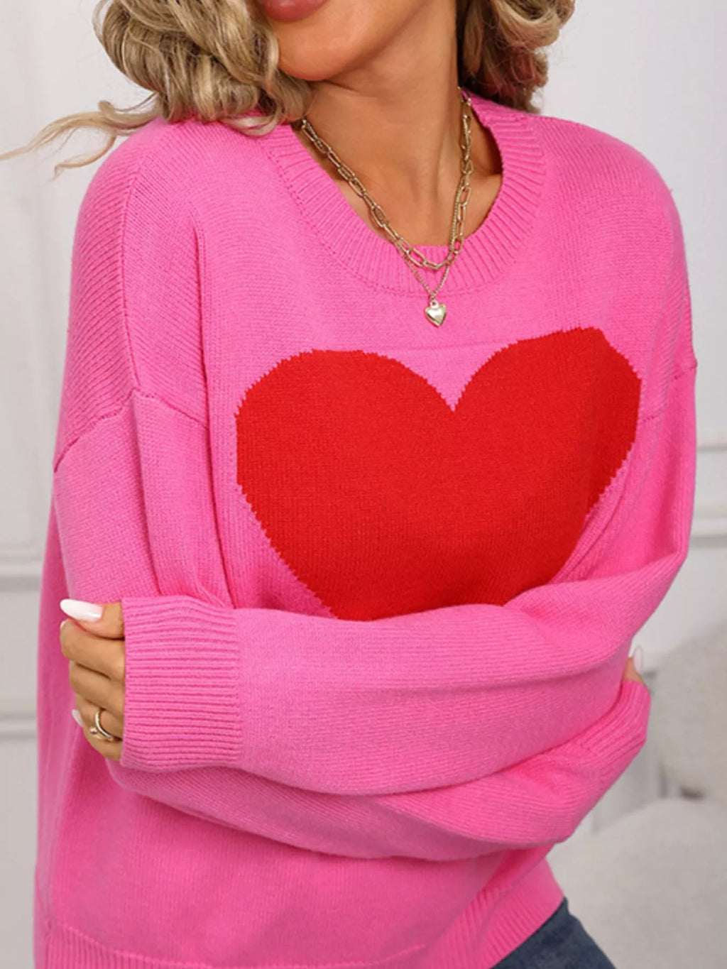 Valentine's Day Heart Round Neck Dropped Shoulder Ladies Sweater
