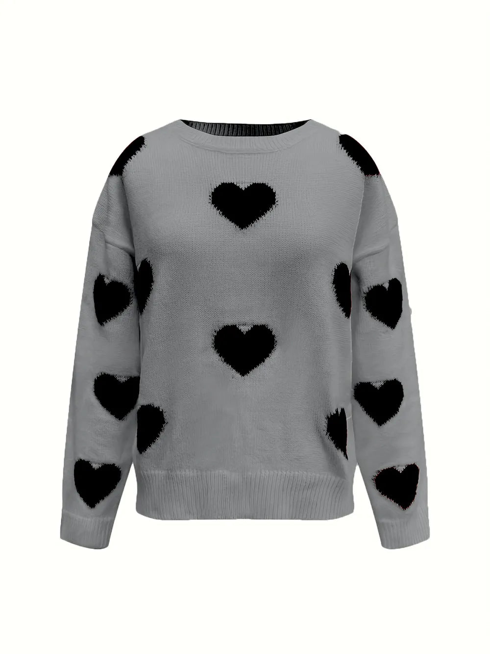 Grey Valentine’s Day Heart Round Neck Long Sleeve Sweater
