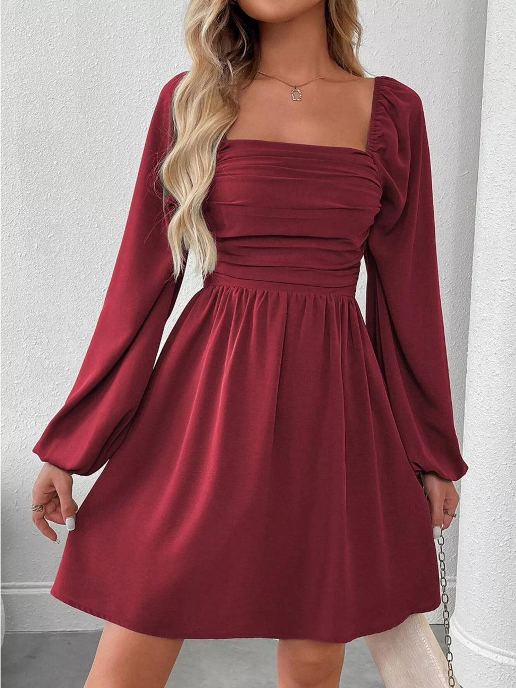 Red Ruched Long Sleeve A-Line Dress