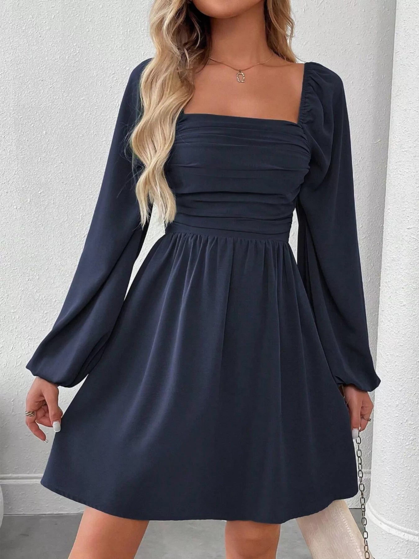 Purple Ruched Square Neck Long Sleeve A-Line Dress