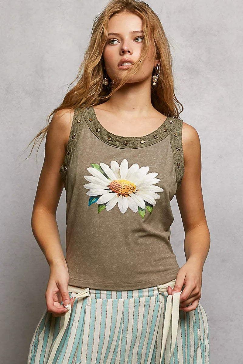 POL Washed Floral Stud Round Neck Slim Tank