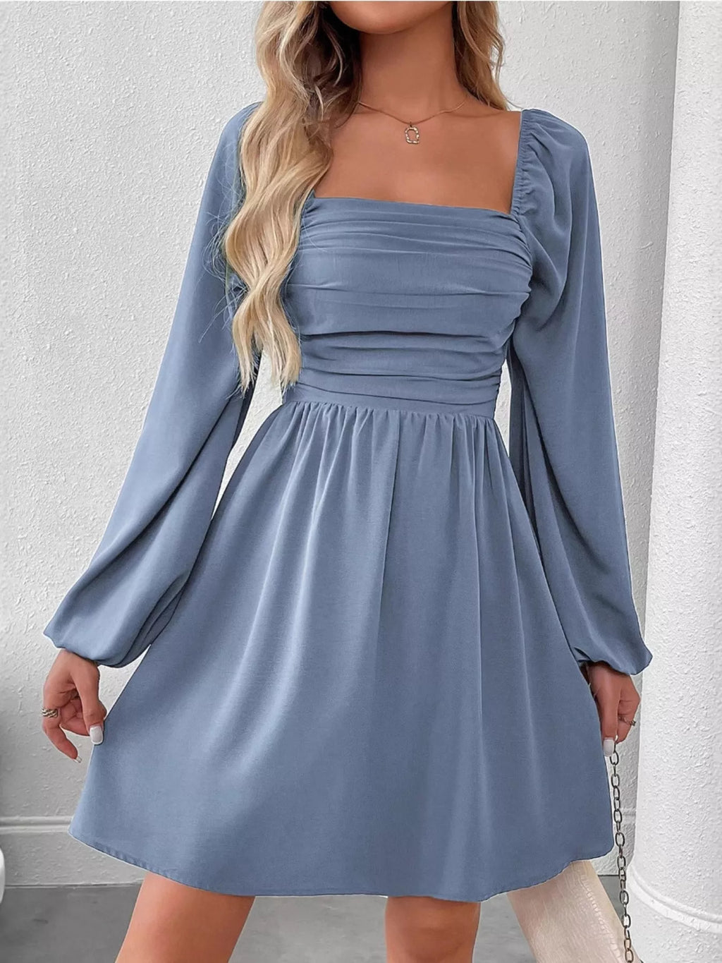 Grey Ruched Square Neck Long Sleeve A-Line Dress