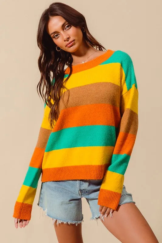 Stylish SO ME Multi Color Stripe Sweater with Ribbed Detail 
