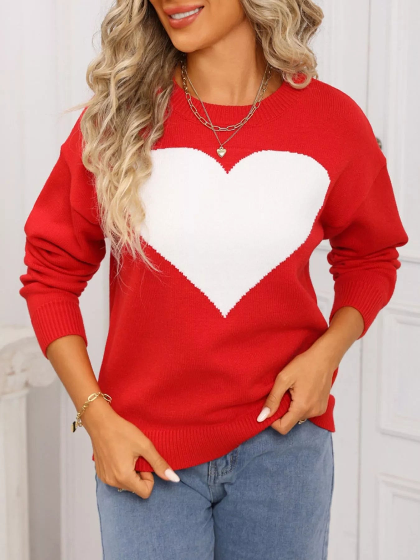 Valentine's Day Heart Round Neck Dropped Shoulder Red Sweater