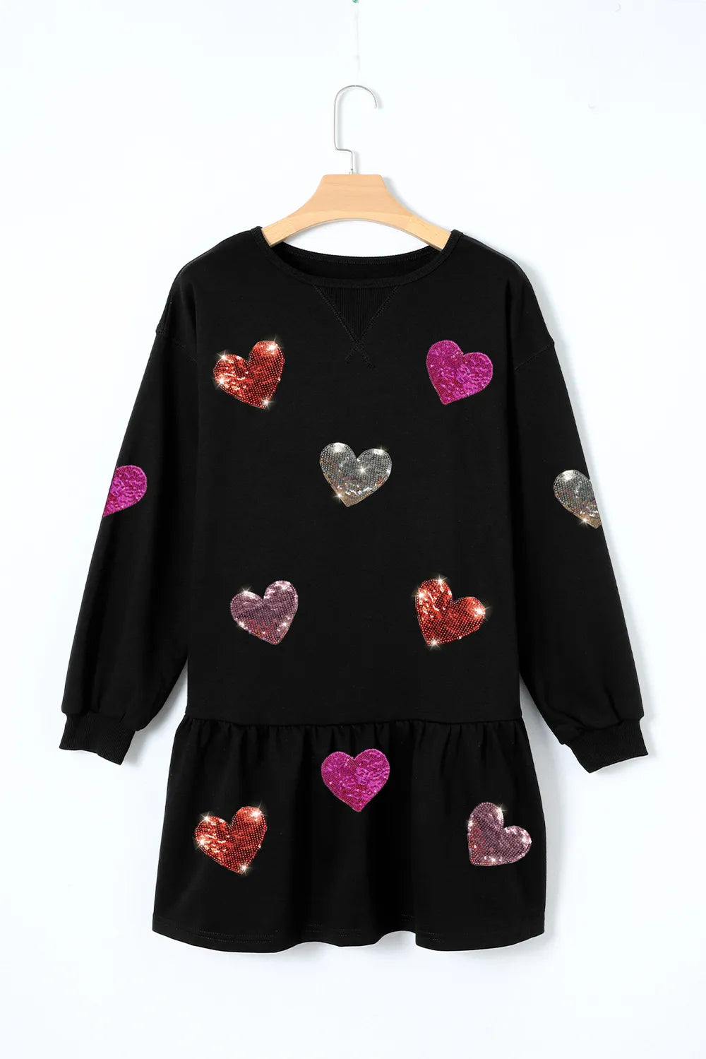 Sequin (Multi Colors) Heart Round Neck Long Sleeve Mini Dress