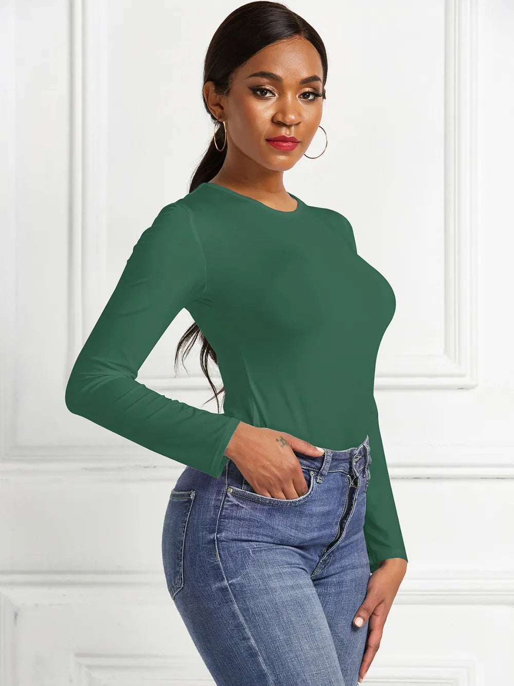 Green Neck Long Sleeve Bodysuit