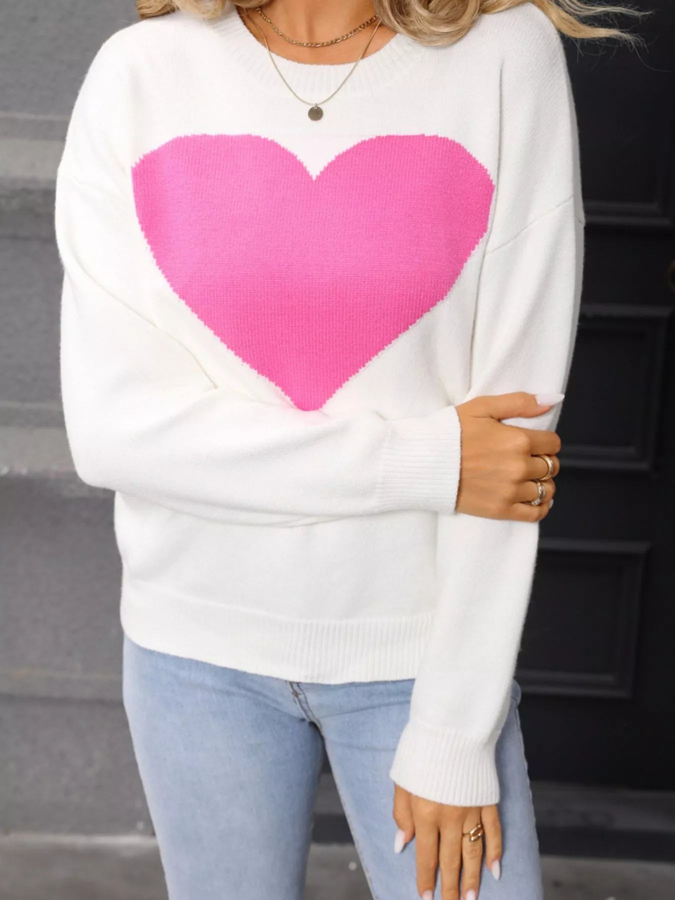Valentine's Day Heart Round Neck Dropped Shoulder Sweater For Girls
