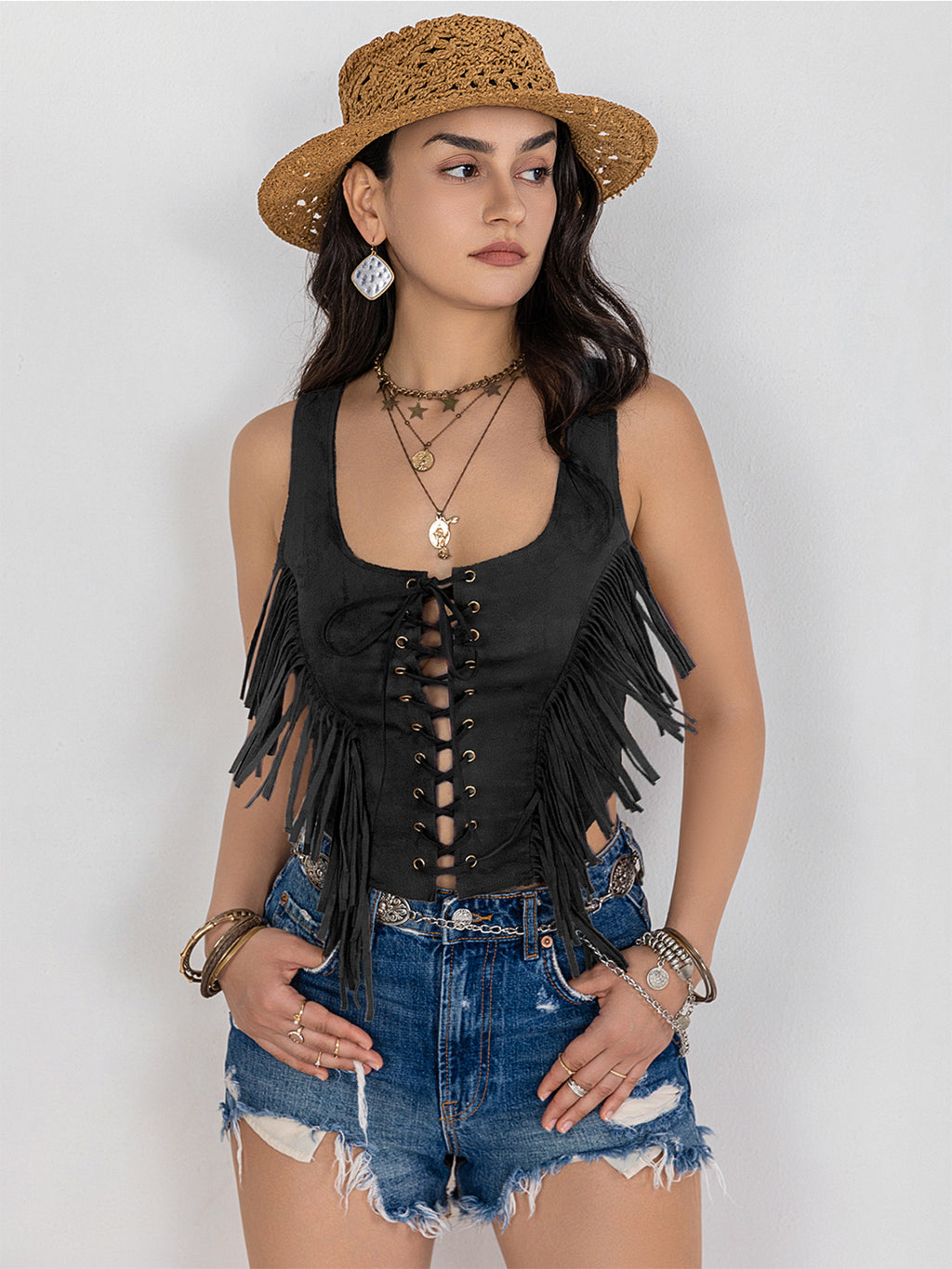 Lady Fringe Lace-Up Vest 
