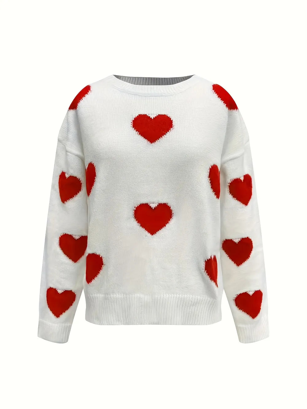 Valentine’s Day Heart Round Neck Long Sleeve White Sweater