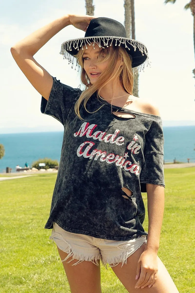 BiBi Laser Cut Mineral Washed America Print Top tee