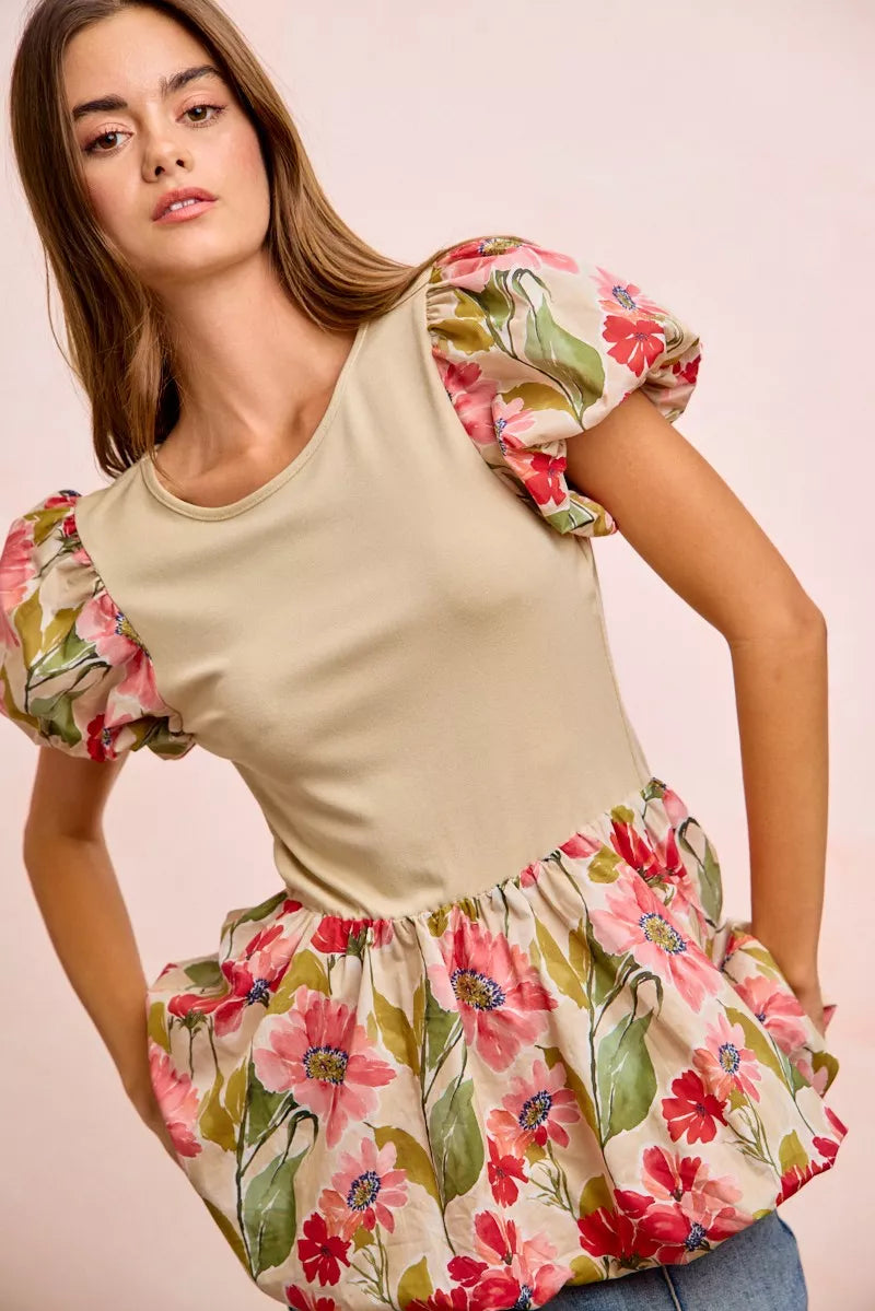 Shop BiBi Floral Printed Bubble Sleeves and Hem Peplum Top