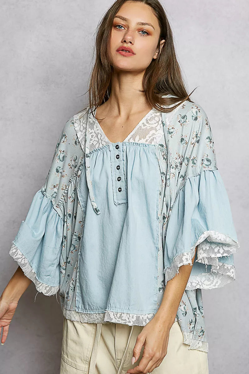  Floral Patch Blouse with Lace Detail