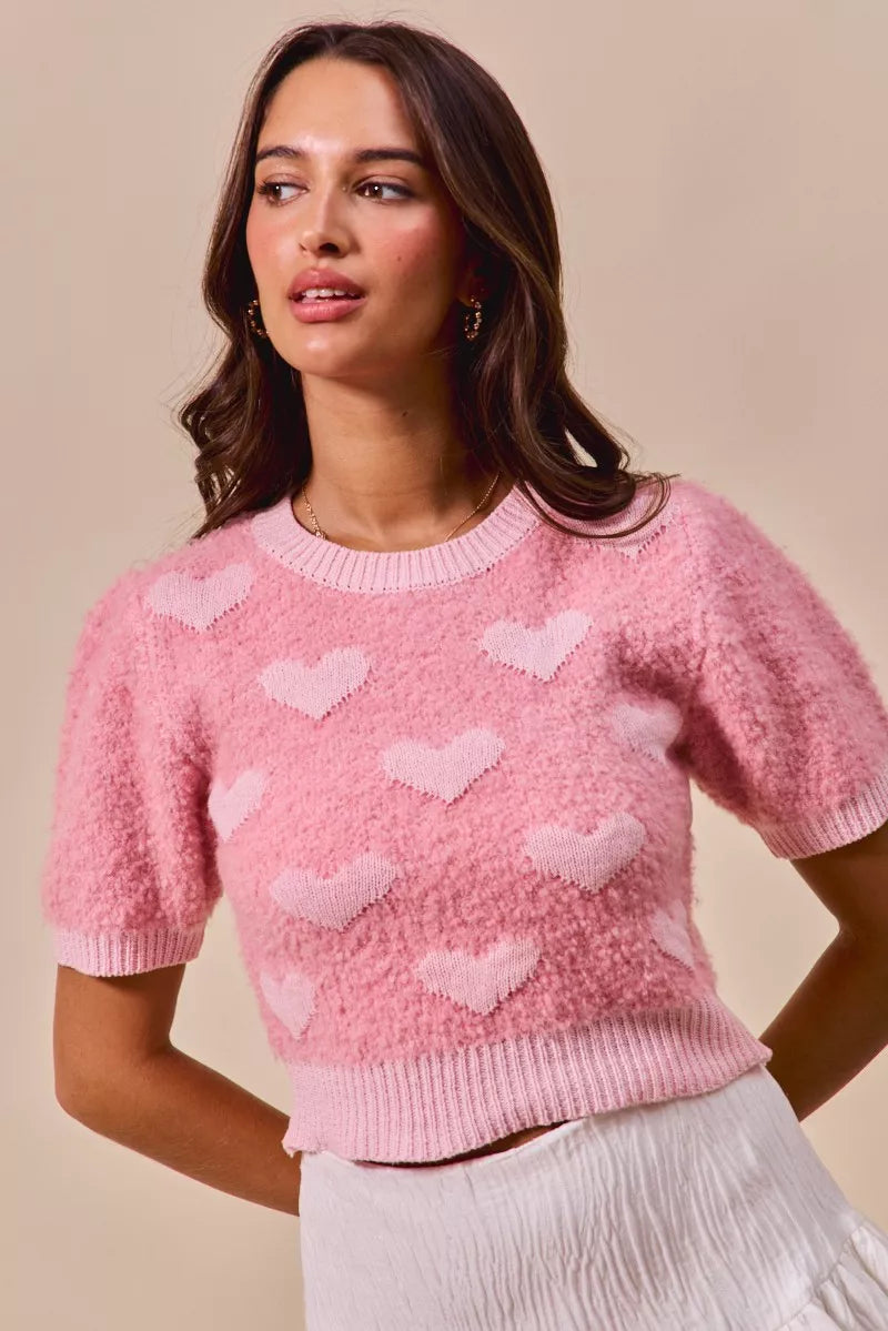 SO ME All Over Heart Valentine Cropped Pink Sweater