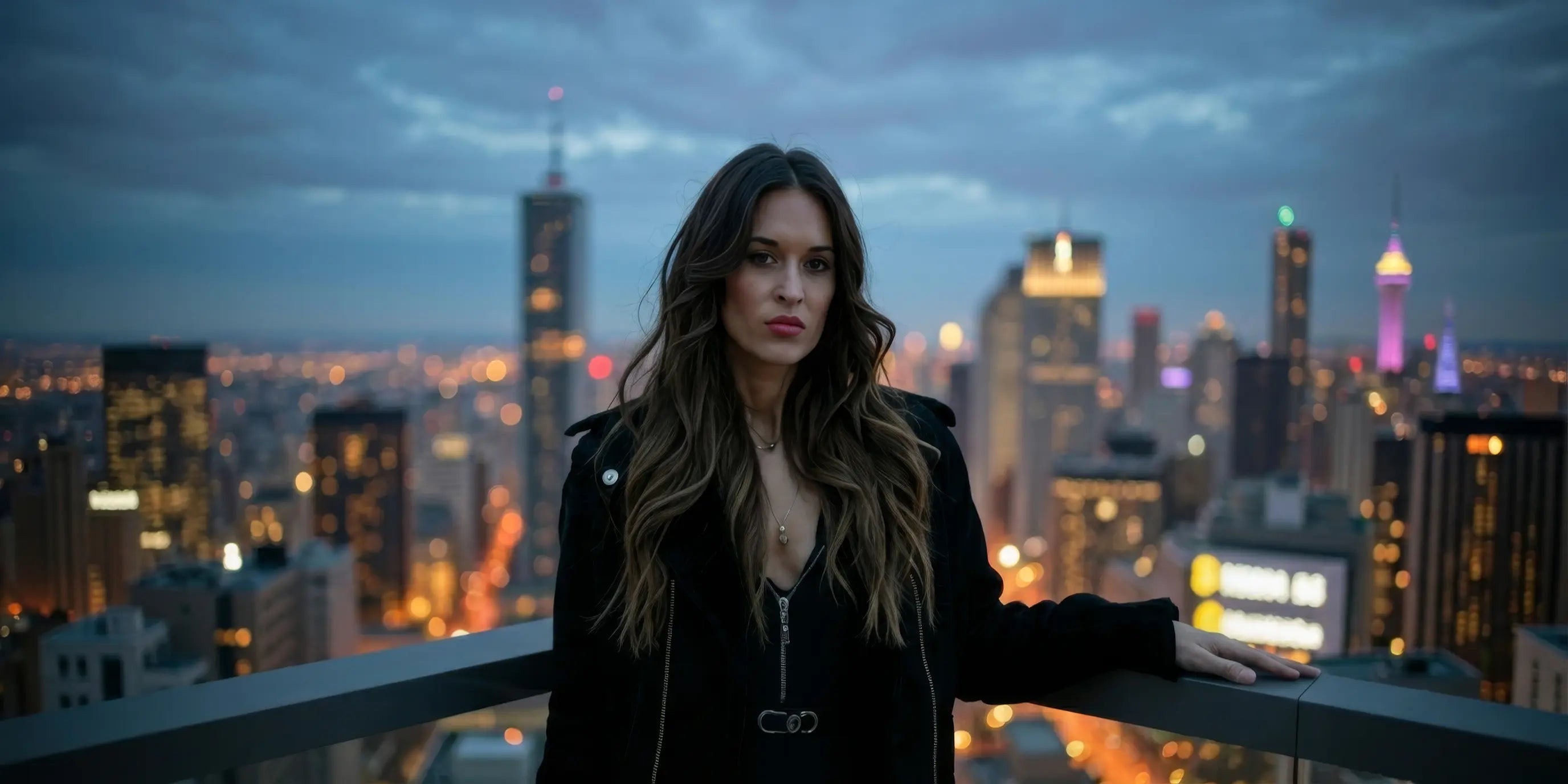 Sassy Model standing on a rooftop with new york skyline in background