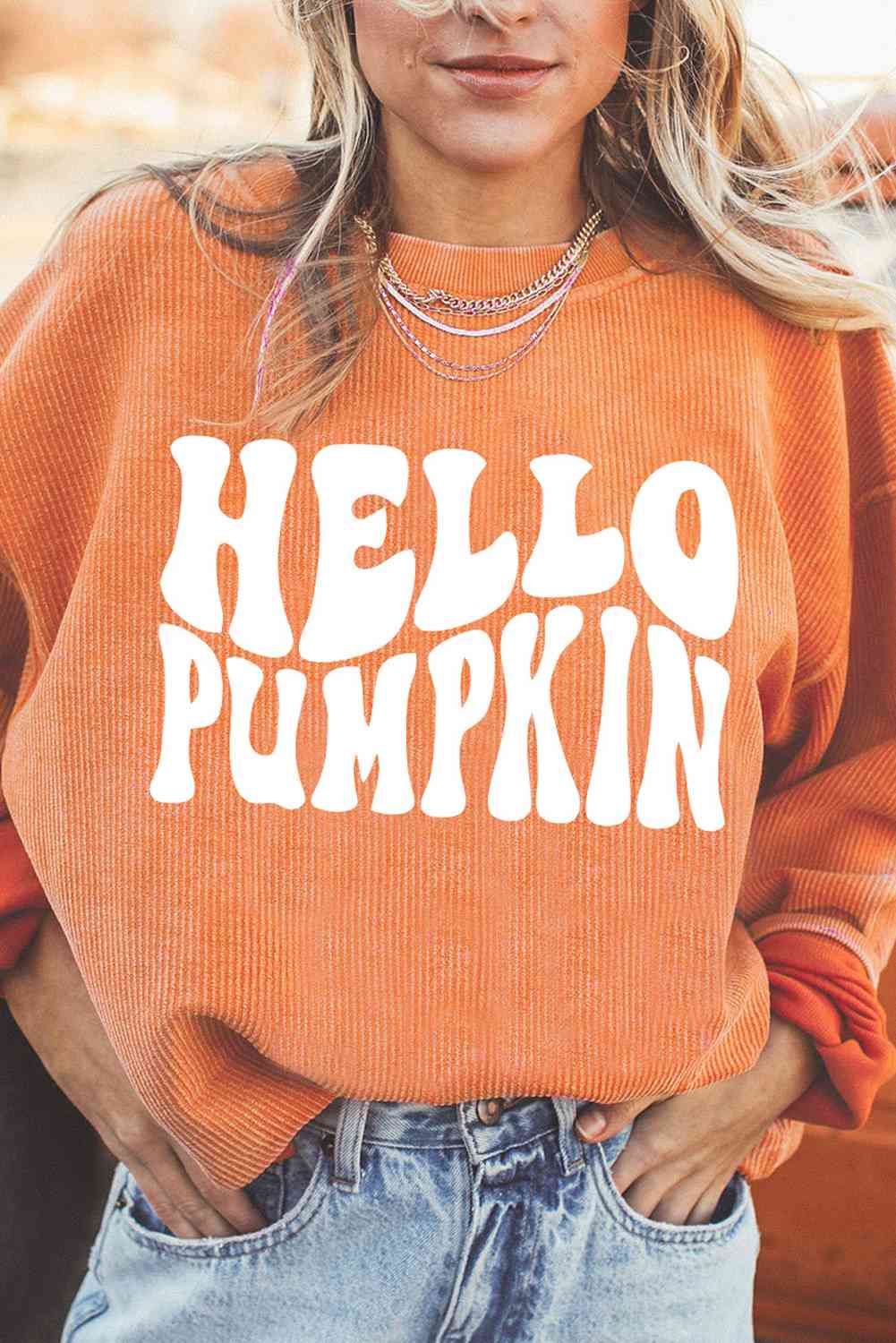 HELLO PUMPKIN Dropped Shoulder Graphic Sweatshirt